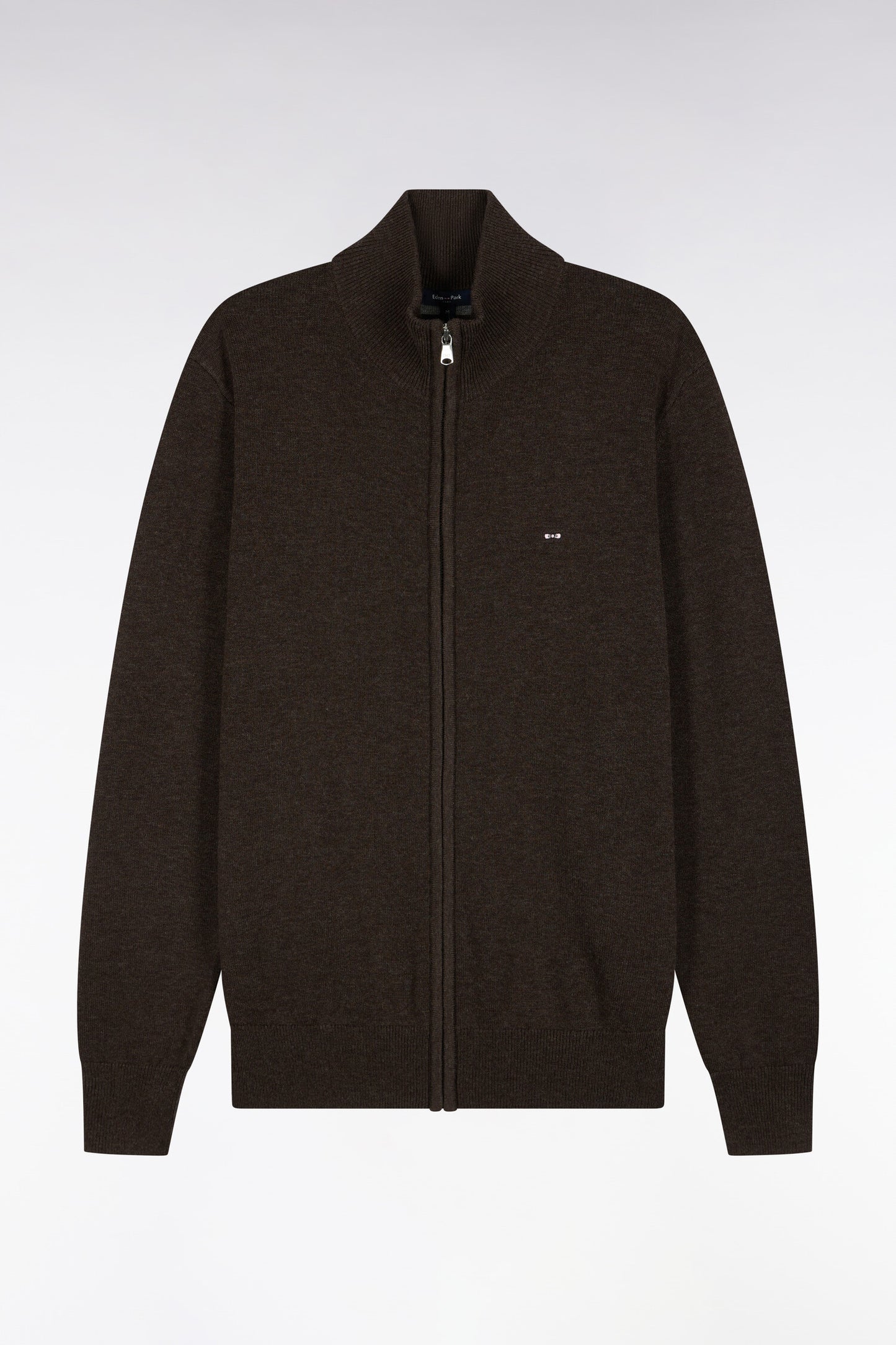 Cardigan zippé en laine et coton marron coupe droite