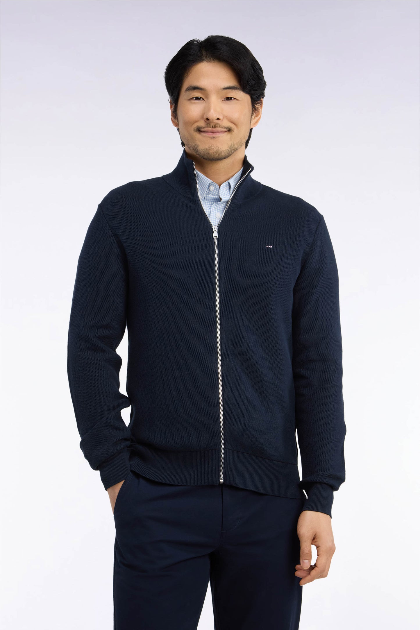 Cardigan zippé en coton marine coupe droite