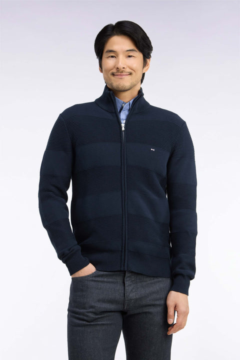 Cardigan zippé en coton marine à effet rayé coupe droite - Image 3
