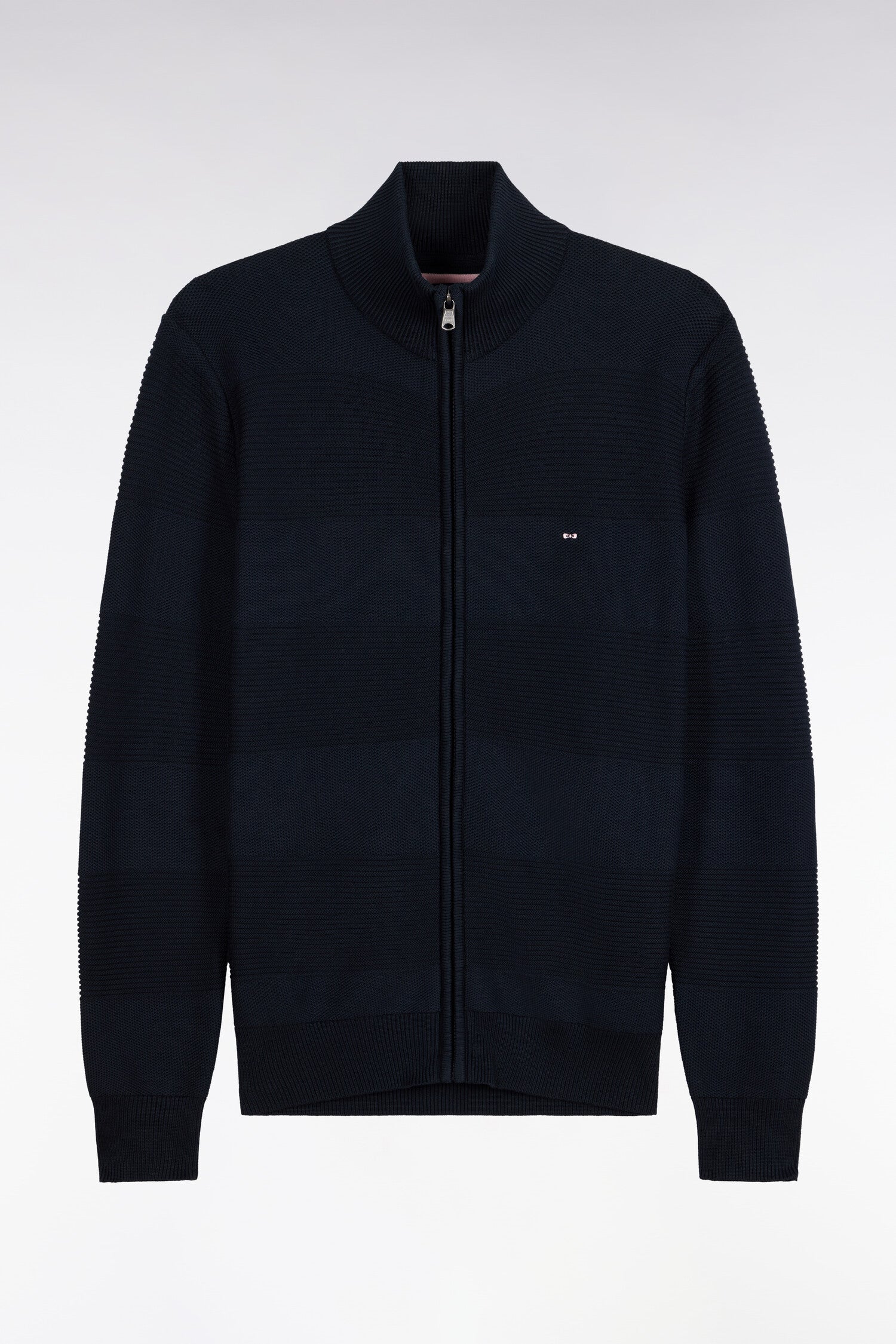 Cardigan zippé en coton marine à effet rayé coupe droite
