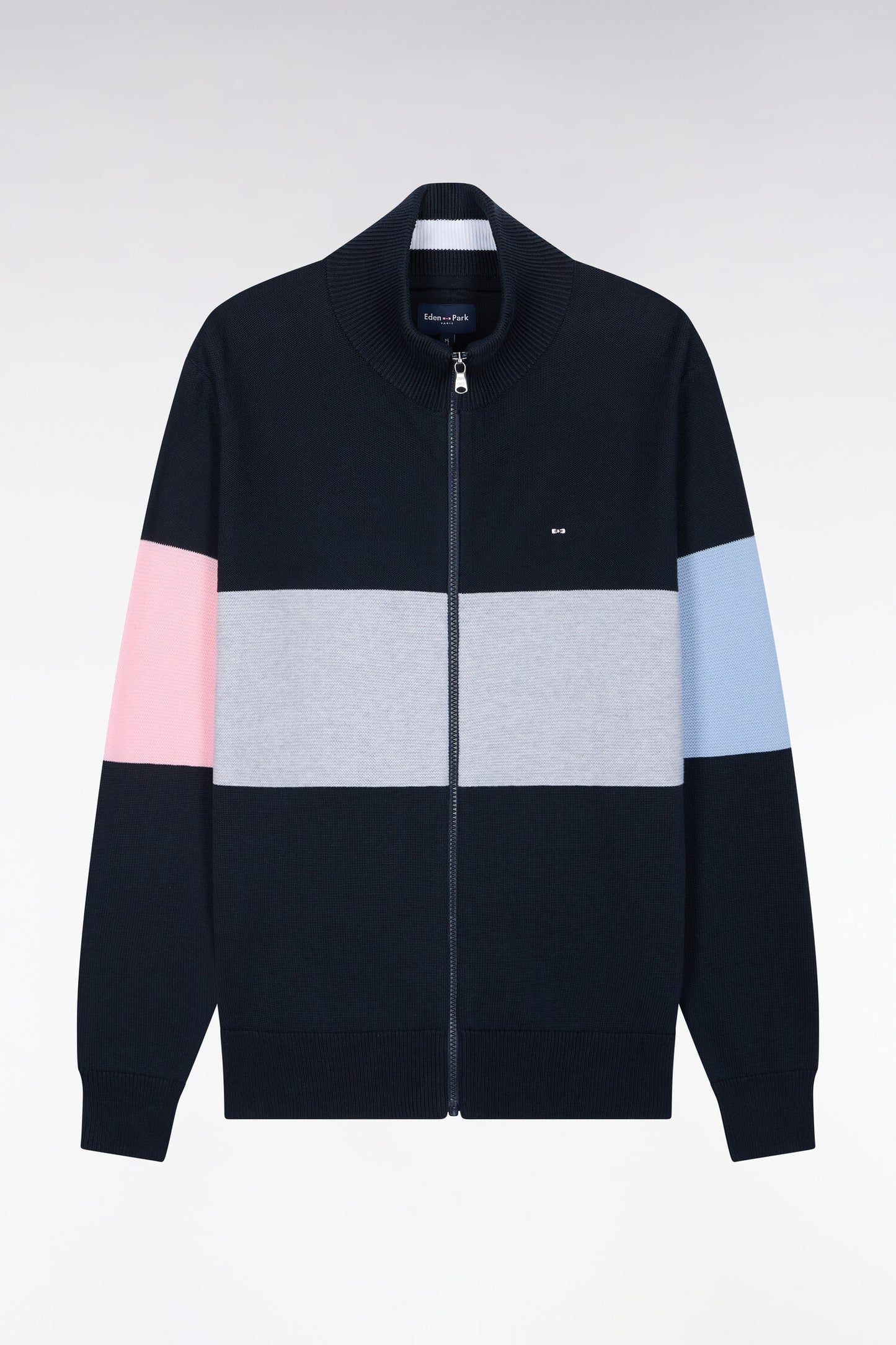 Cardigan zippé à col camionneur en coton marine à découpe coupe droite