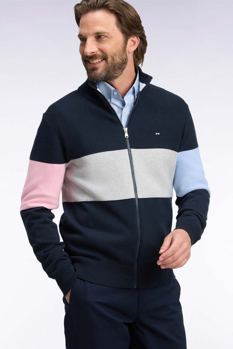 Cardigan zippé à col camionneur en coton marine à découpe coupe droite - Image 1