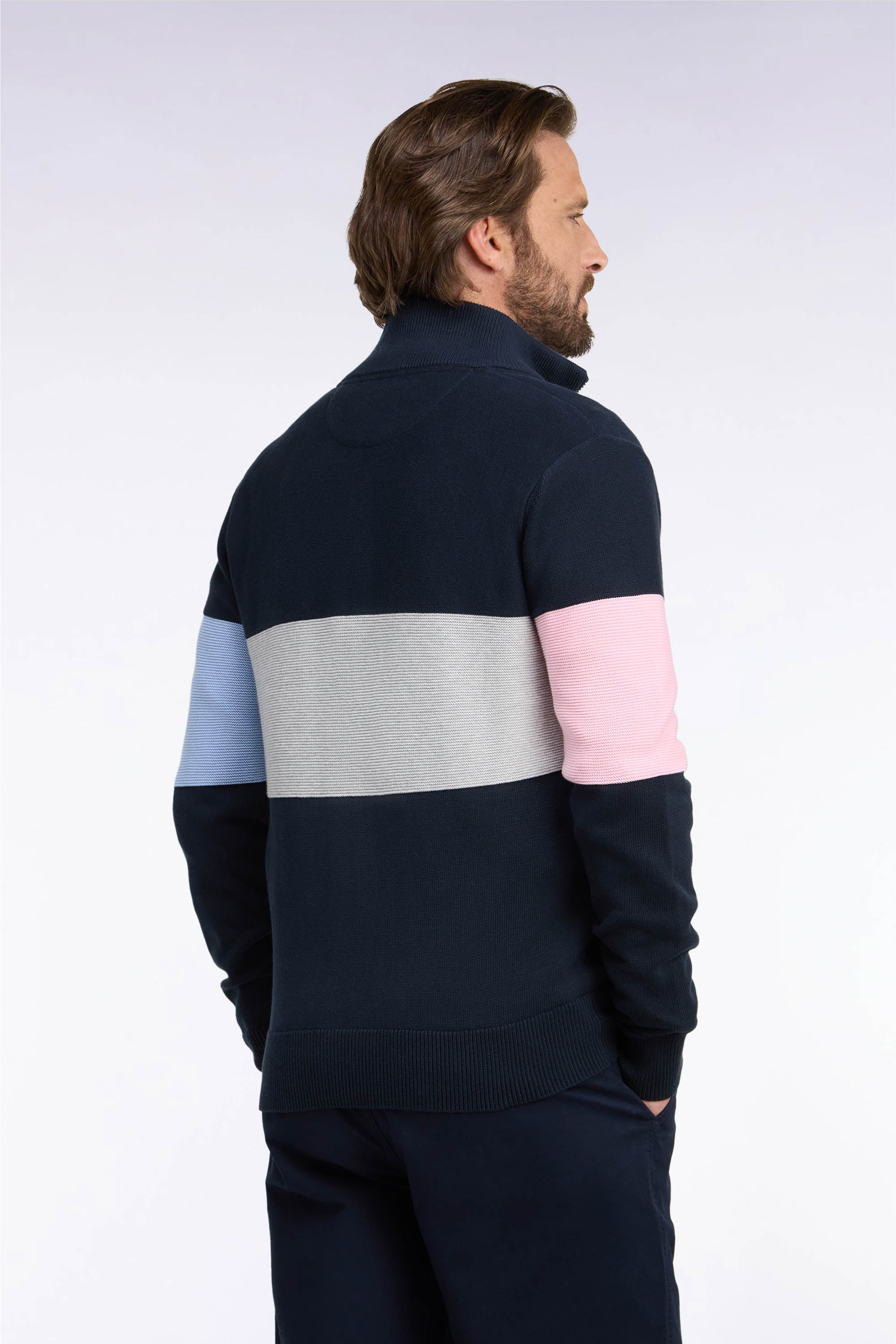 Cardigan mit Reißverschluss mit Troyerkragen aus Baumwolle Marineblau mit découpe gerade Passform
