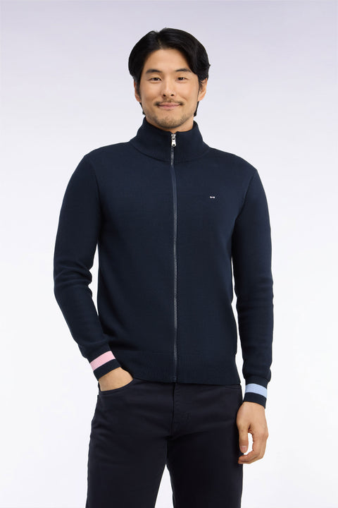 Cardigan zippé en coton marine dos brodé coupe droite - Image 3