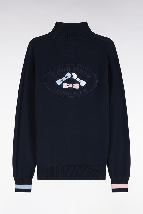 Cardigan zippé en coton marine dos brodé coupe droite - Image 2
