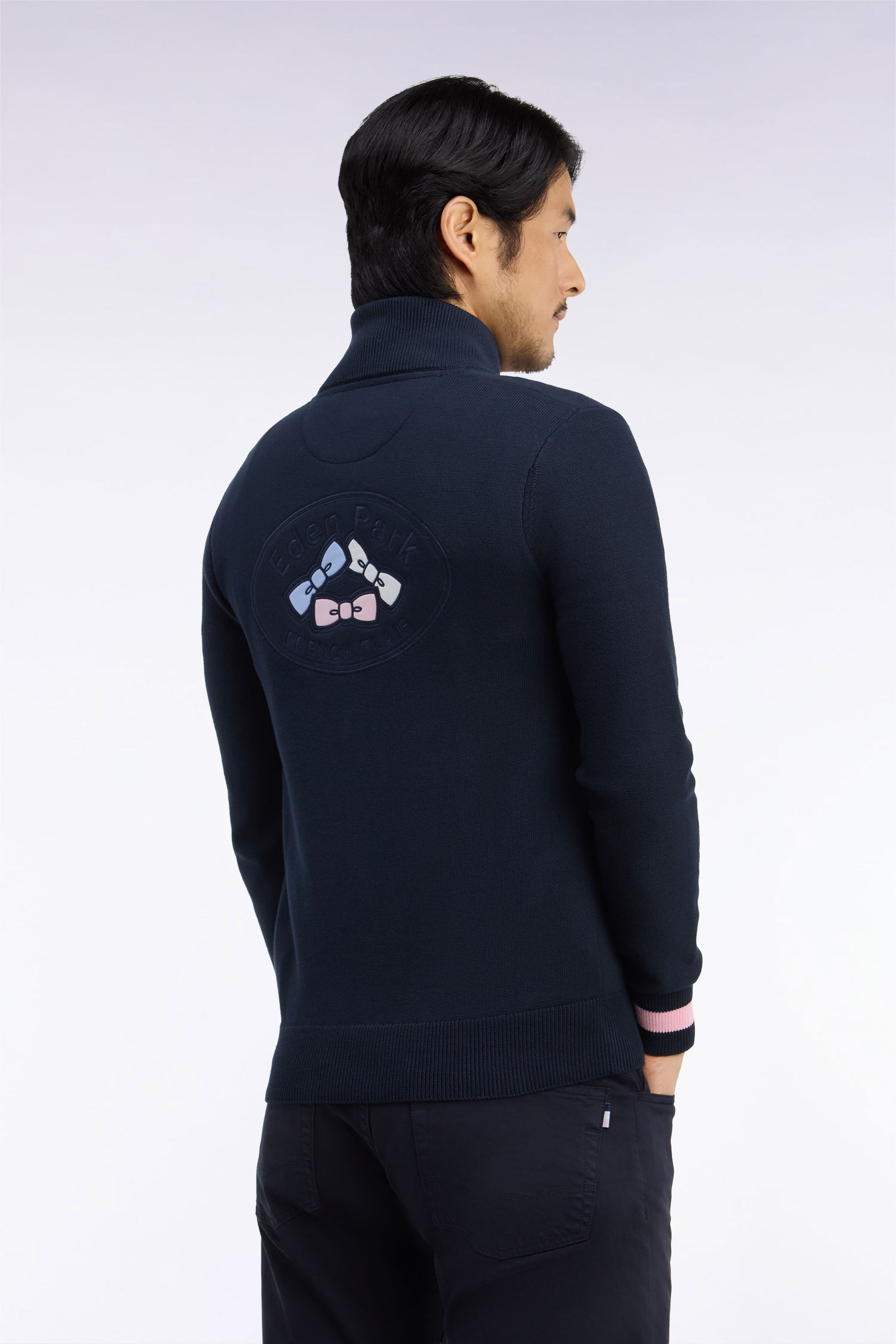 Kurzarm-Rugbyshirt aus Baumwolle Marineblau Rücken bestickt gerade Passform