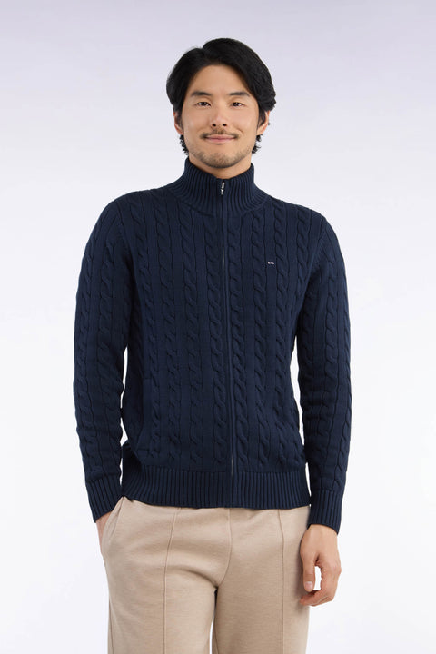 Cardigan à torsades zippé en coton marine coupe droite - Image 3