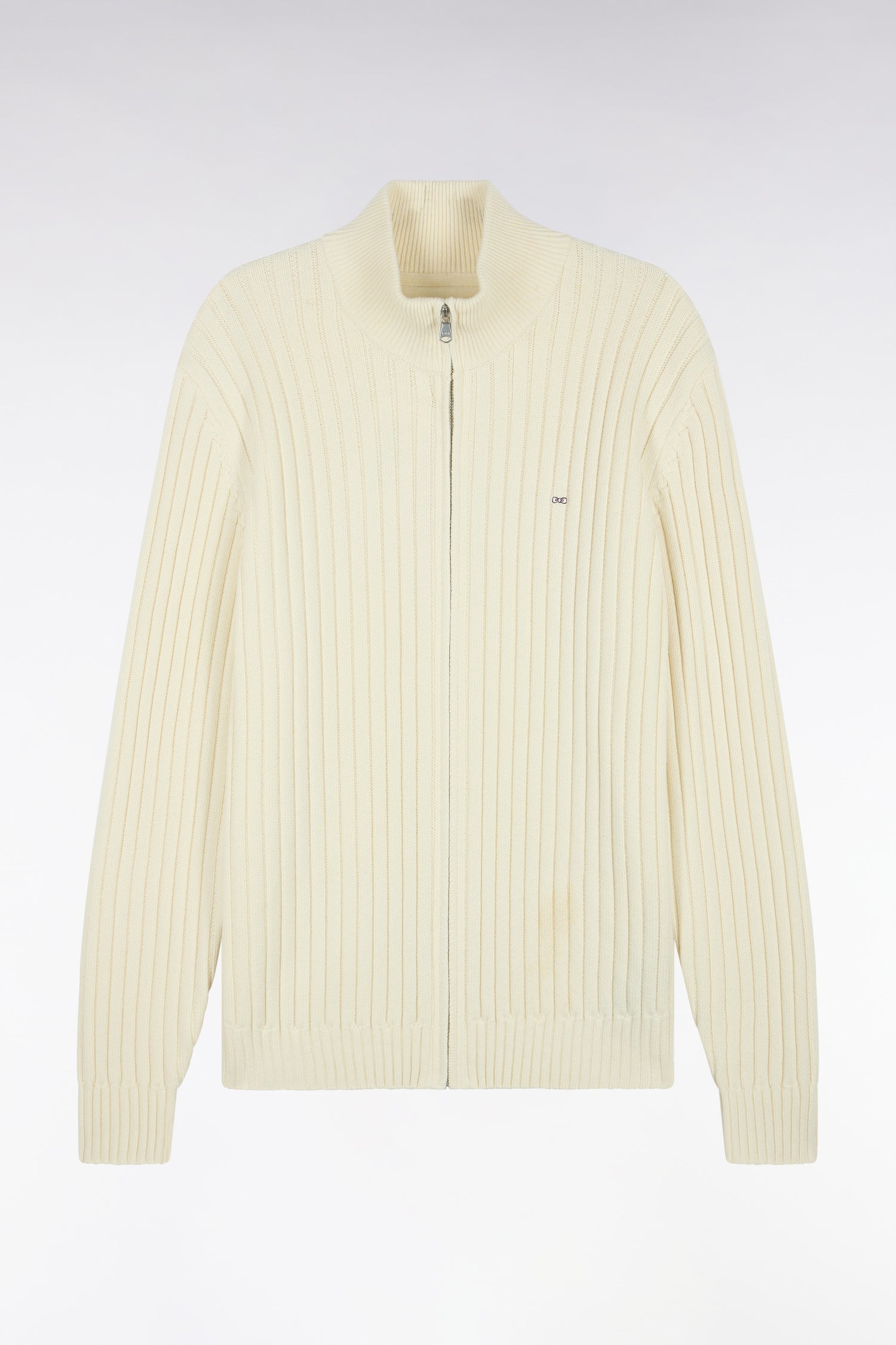Cardigan zippé à col camionneur en laine et coton écru côtelé coupe droite