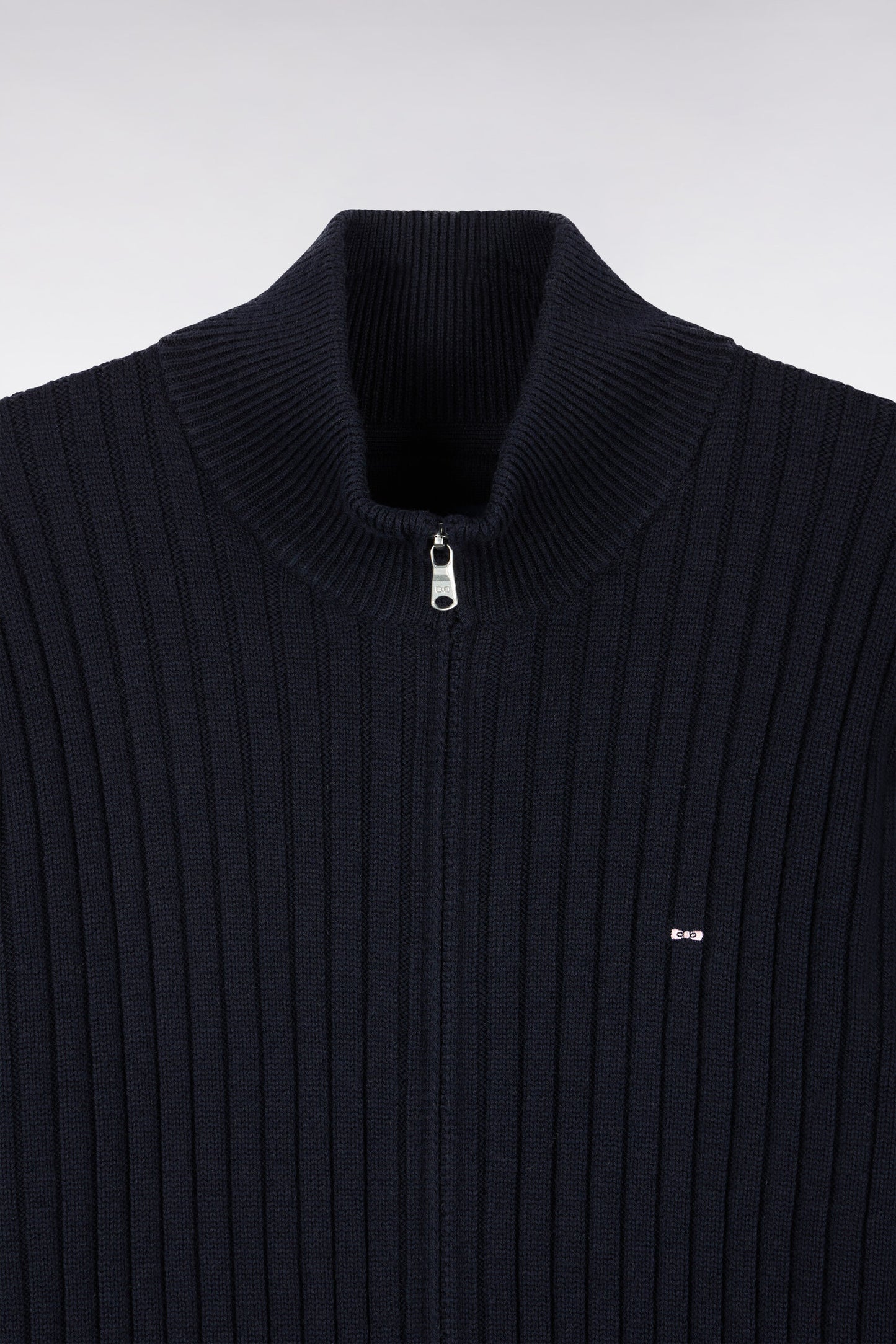 Cardigan zippé à col camionneur en laine et coton marine côtelé coupe droite