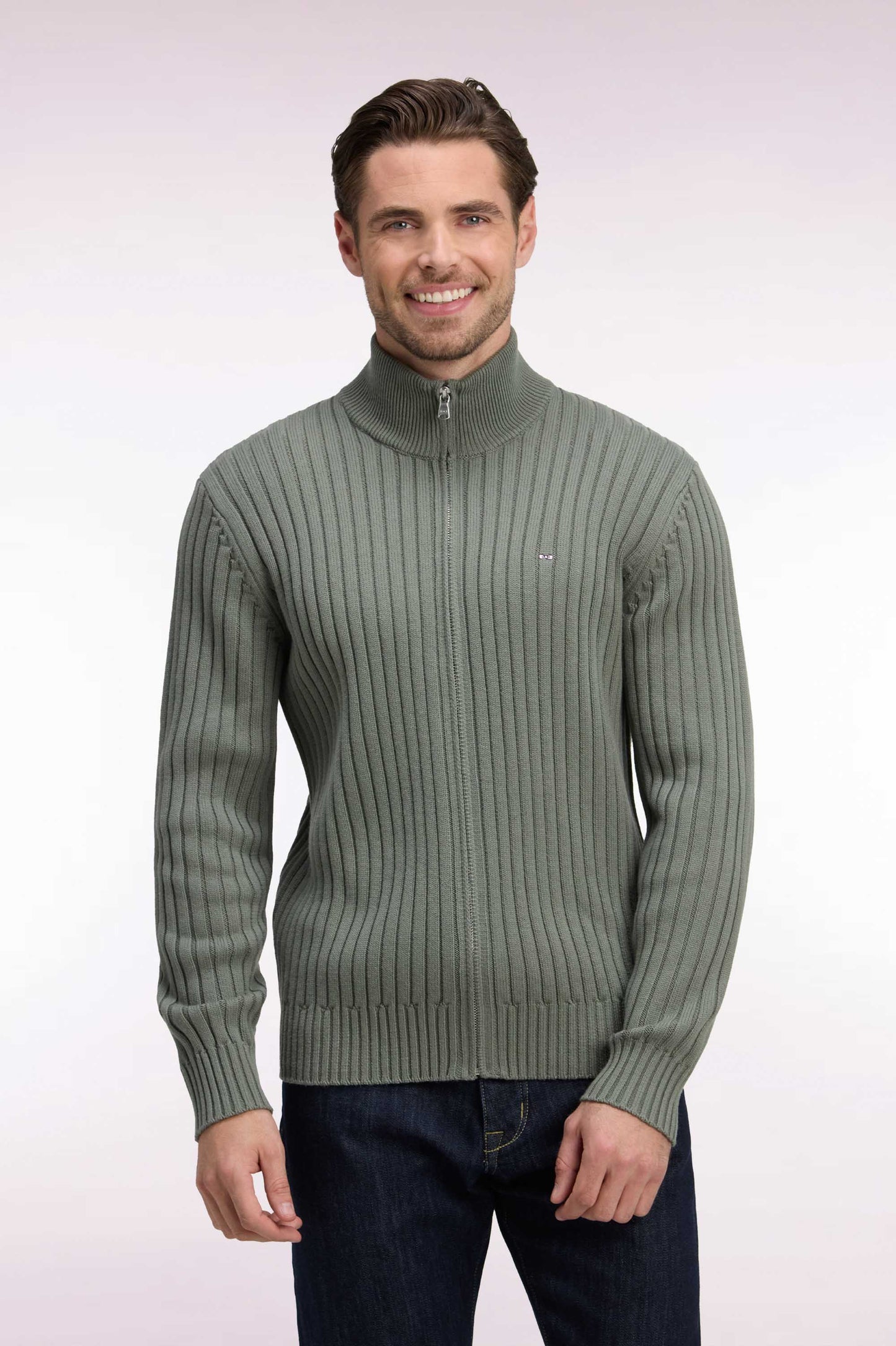 Cardigan zippé à col camionneur en laine et coton kaki côtelé coupe droite