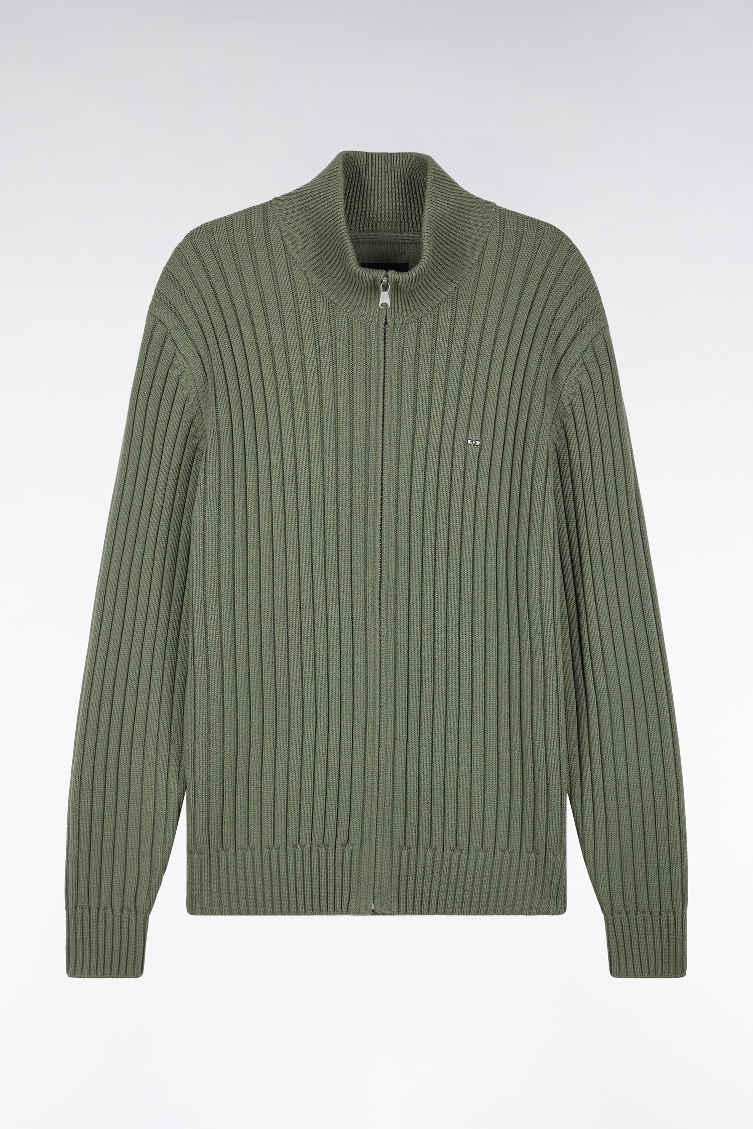 Cardigan zippé à col camionneur en laine et coton kaki côtelé coupe droite