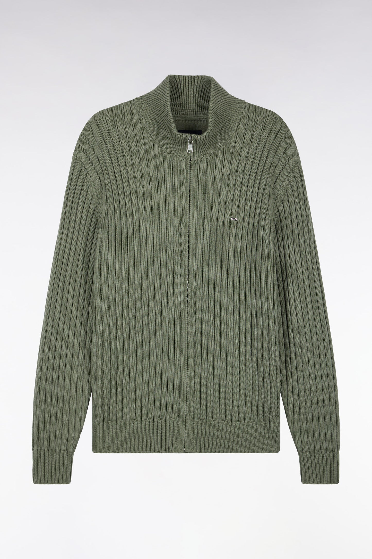 Cardigan zippé à col camionneur en laine et coton kaki côtelé coupe droite