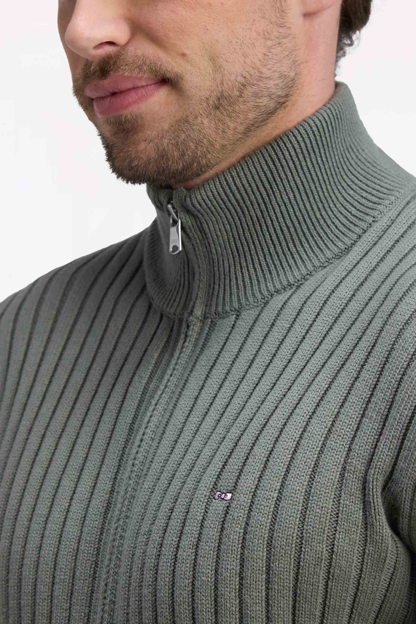 Cardigan zippé à col camionneur en laine et coton kaki côtelé coupe droite