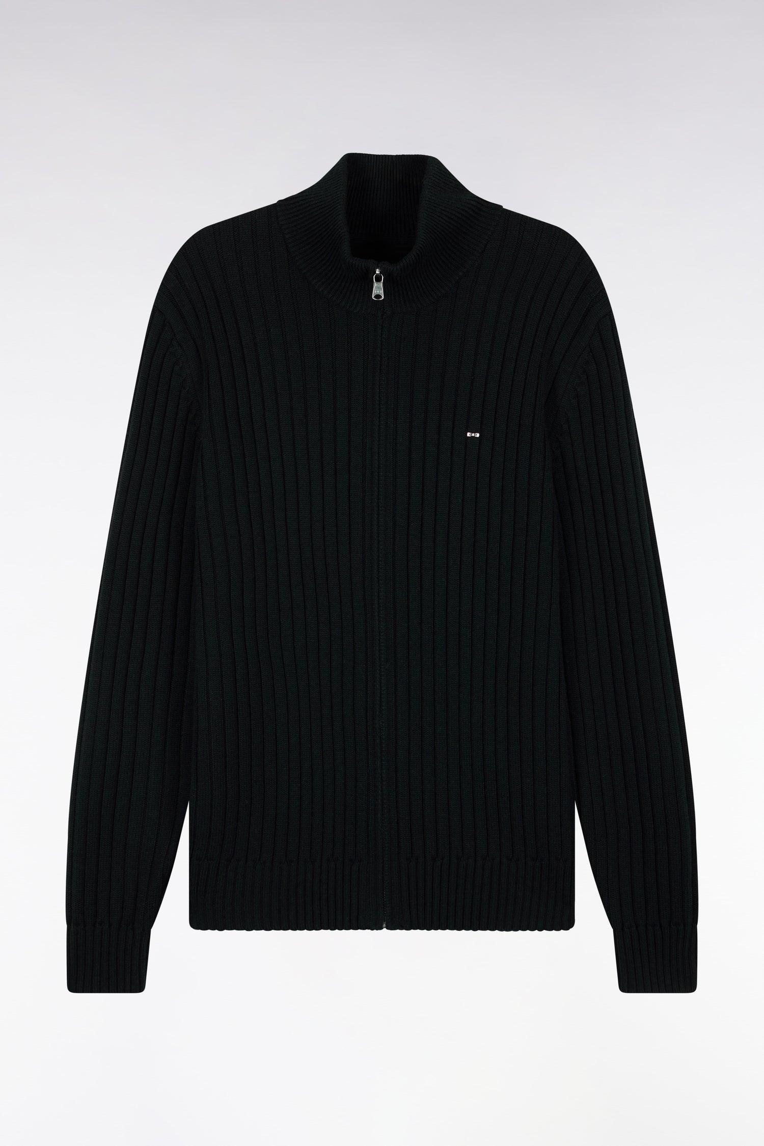 Cardigan zippé à col camionneur en laine et coton noir côtelé coupe droite