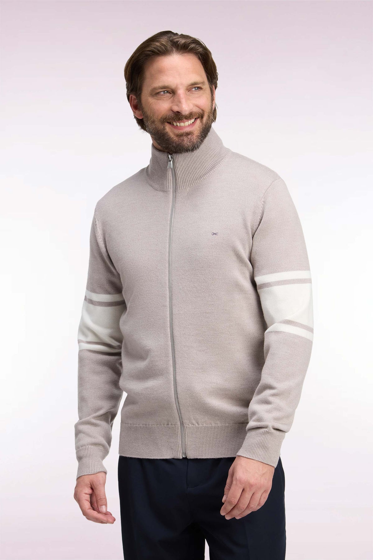 Beige merino wool zipped cardigan with striped sleeves, straight cut
