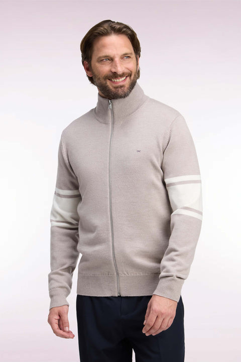 Cardigan zippé en laine mérinos beige à manches rayées coupe droite - Image 1