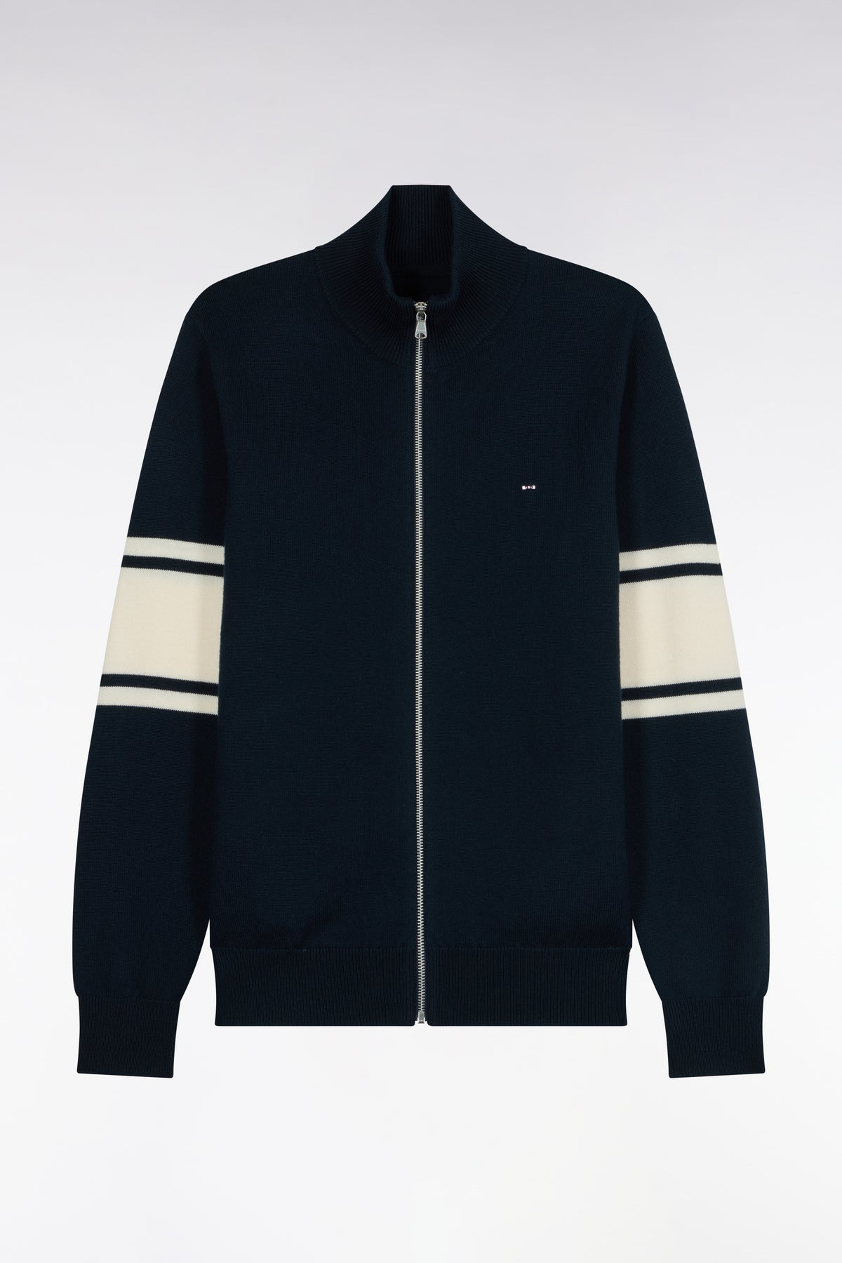 Cardigan zippé en laine mérinos marine à manches rayées coupe droite