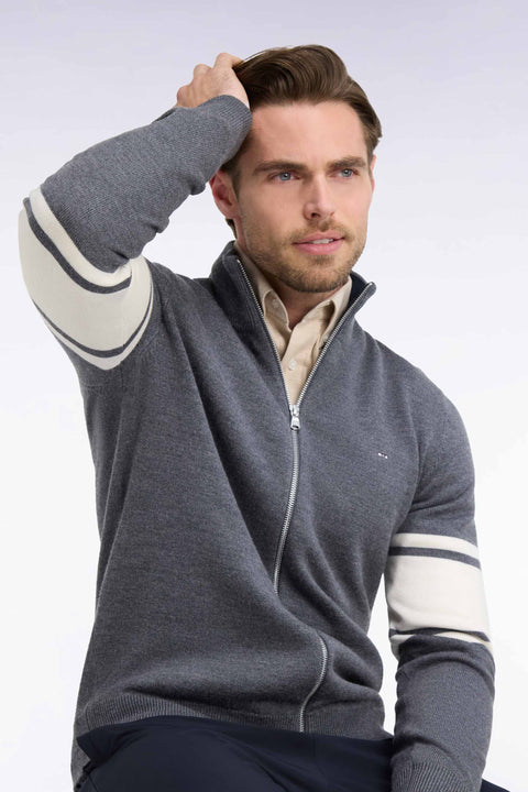Cardigan zippé en laine mérinos gris à manches rayées coupe droite - Image 1