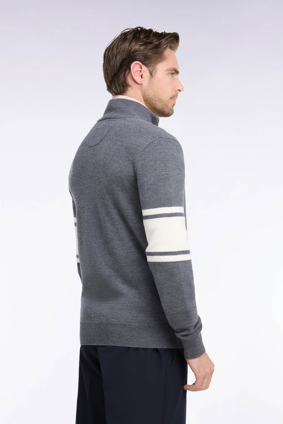 Gray merino wool zipped cardigan with striped sleeves, straight fit