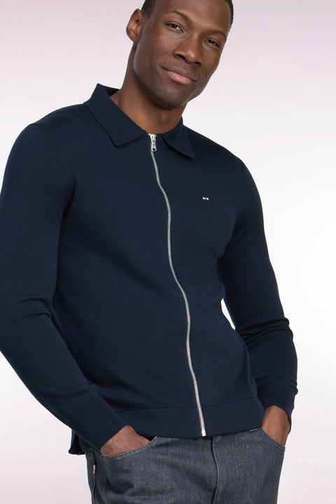 Cardigan zippé en coton et viscose marine coupe droite - Image 1