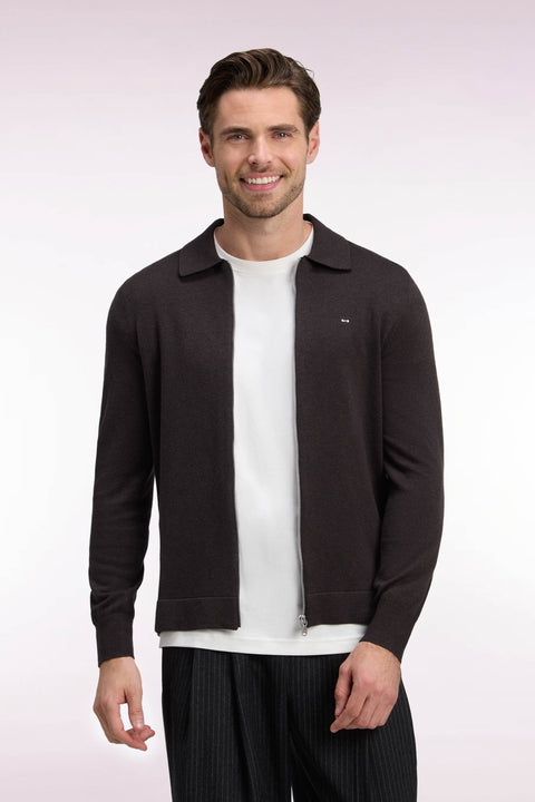 Cardigan zippé en coton et viscose marron coupe droite - Image 3