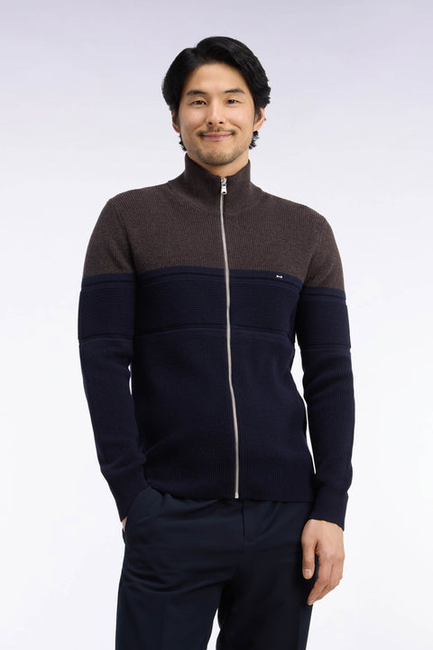 Cardigan zippé bicolore en laine mérinos marine et marron coupe droite - Image 3