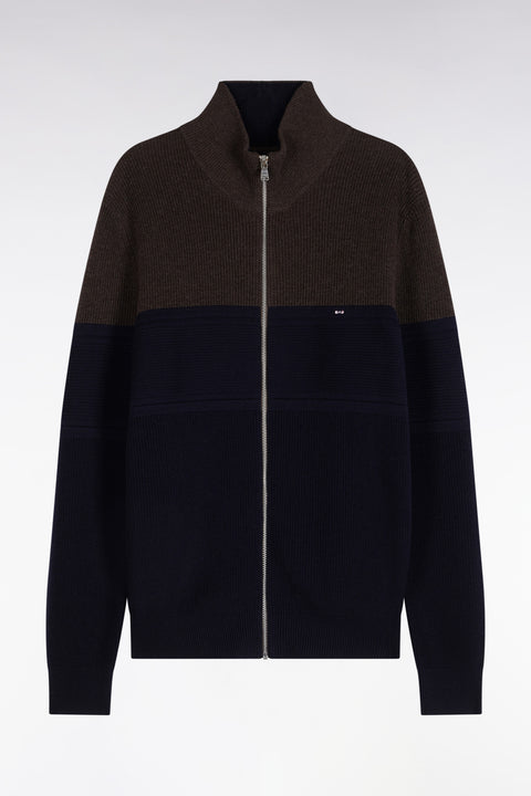 Cardigan zippé bicolore en laine mérinos marine et marron coupe droite - Image 2