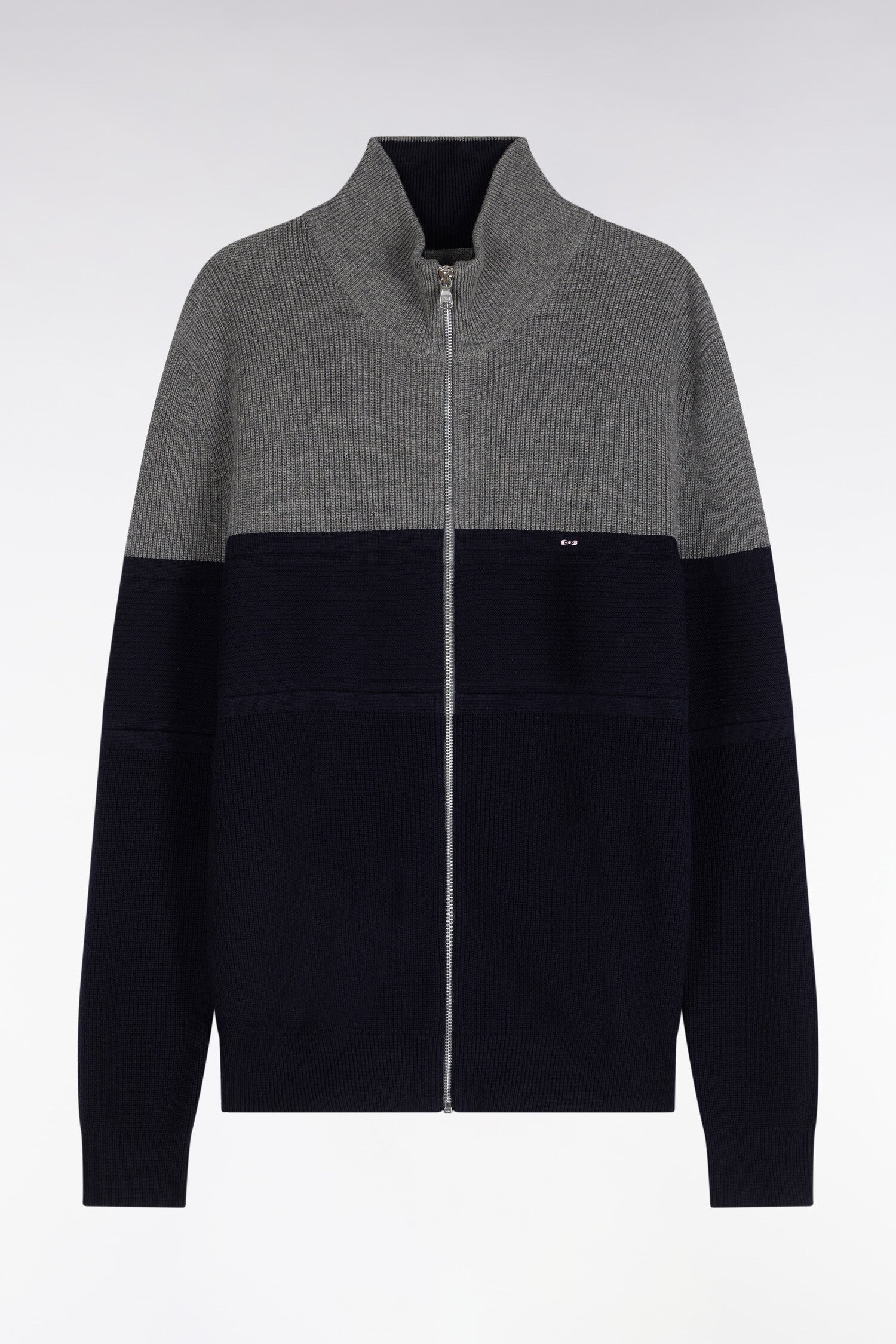 Cardigan zippé bicolore en laine mérinos marine et gris coupe droite