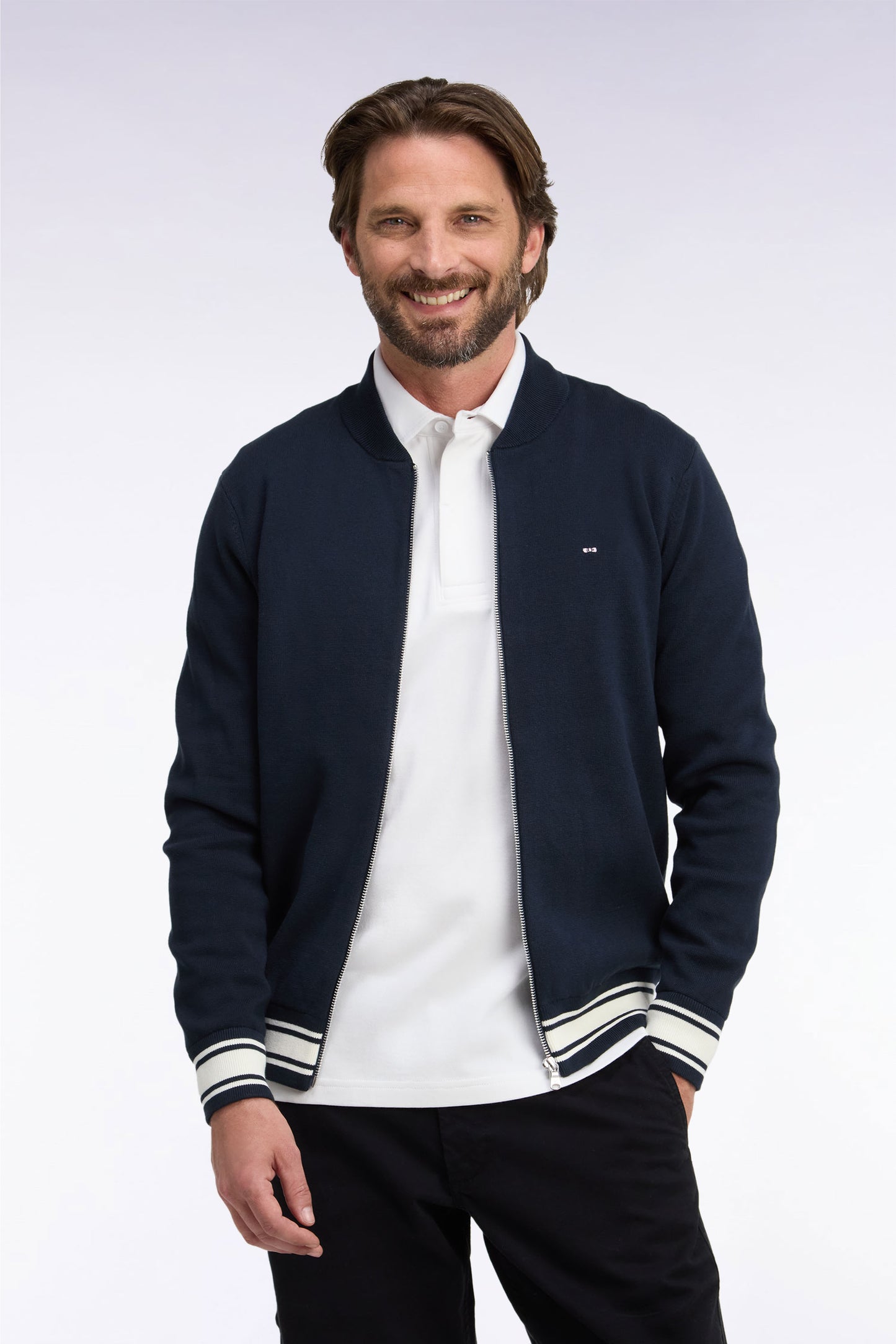 Cardigan teddy zippé en coton milano marine coupe droite