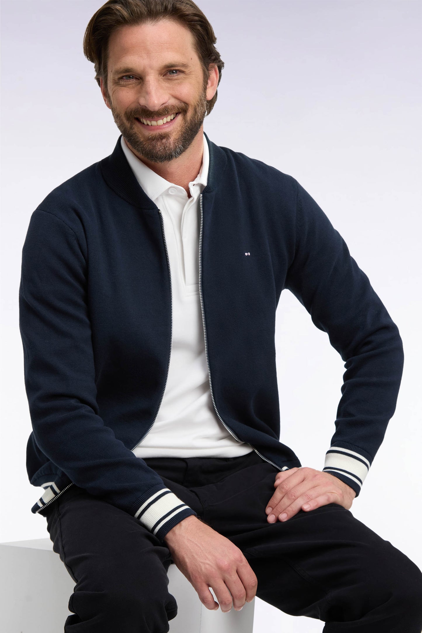 Cardigan teddy zippé en coton milano marine coupe droite