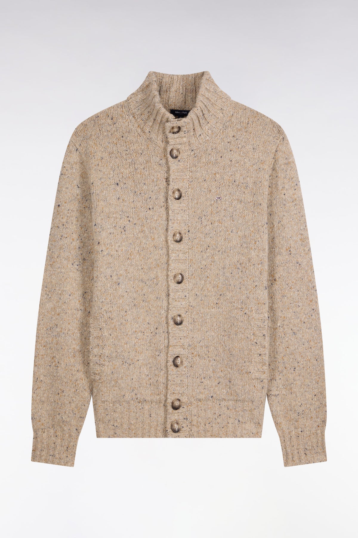 Cardigan boutonné en maille épaisse chinée écru coupe droite