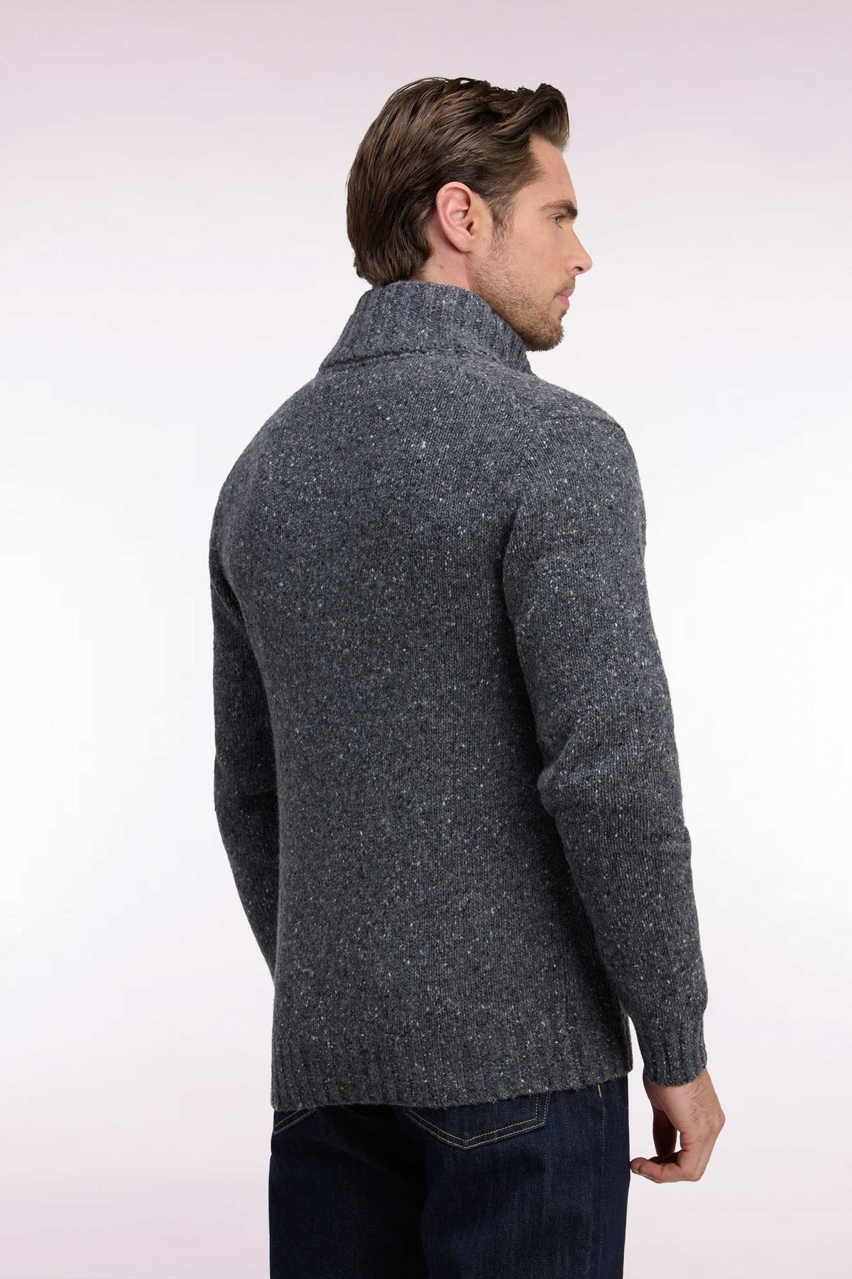 Cardigan boutonné en maille épaisse chinée gris coupe droite