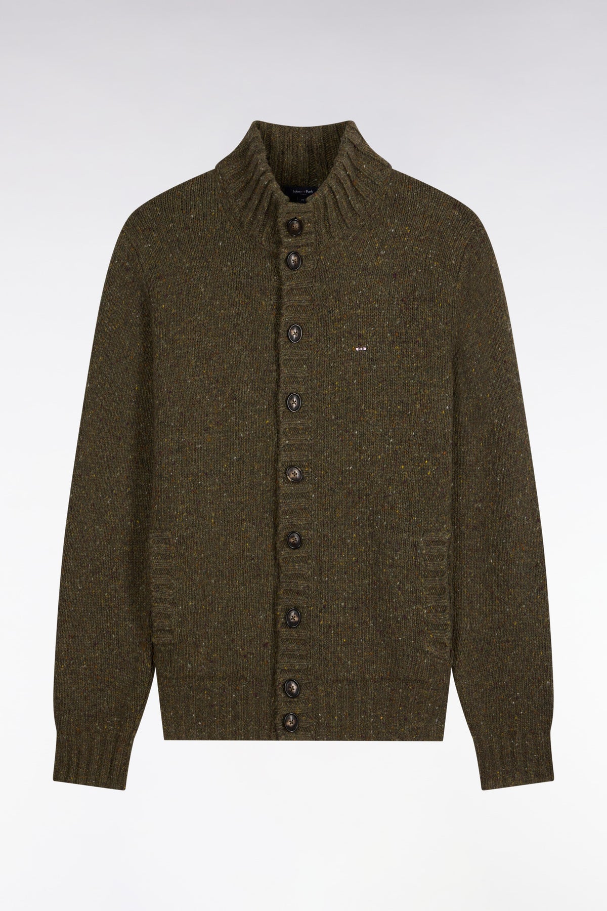 Cardigan boutonné en maille épaisse chinée kaki coupe droite
