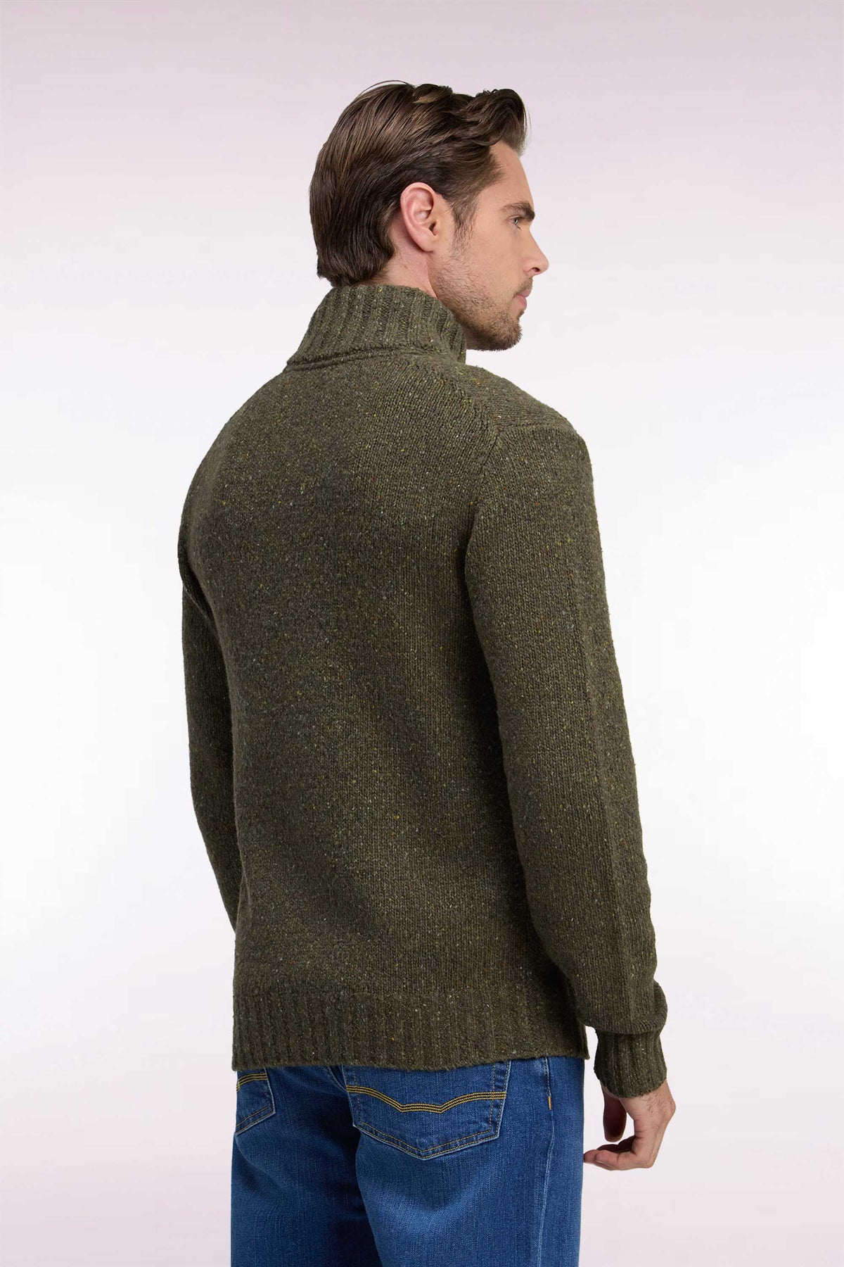 Cardigan boutonné en maille épaisse chinée kaki coupe droite