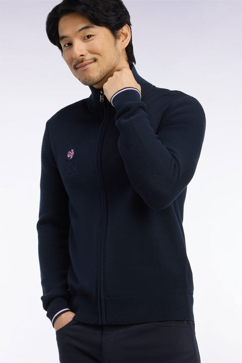 Cardigan XV de France zippé en jersey coton marine brodé coupe droite - Image 1