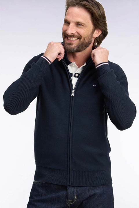 Cardigan en jersey coton marine zippé broderie dos - Image 1