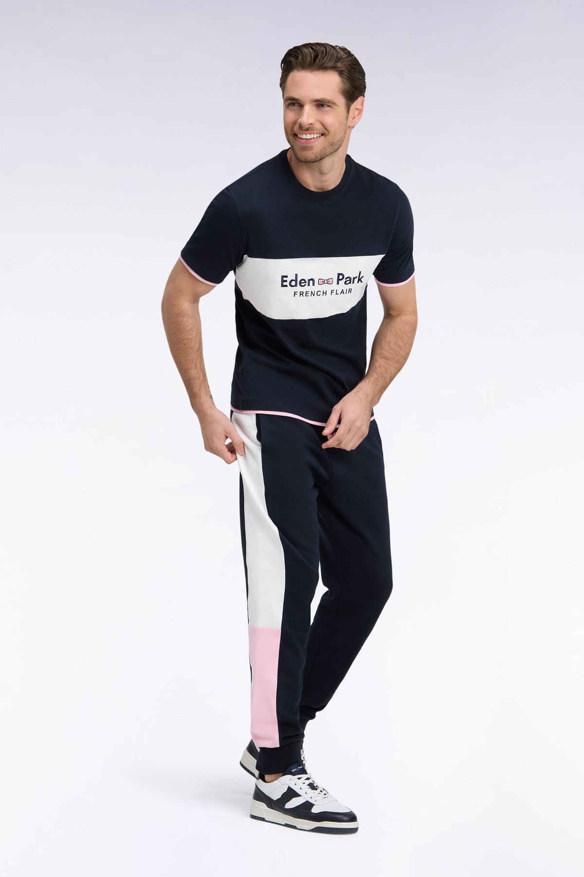 Jogging en molleton marine à découpes de jambes contrastées coupe droite