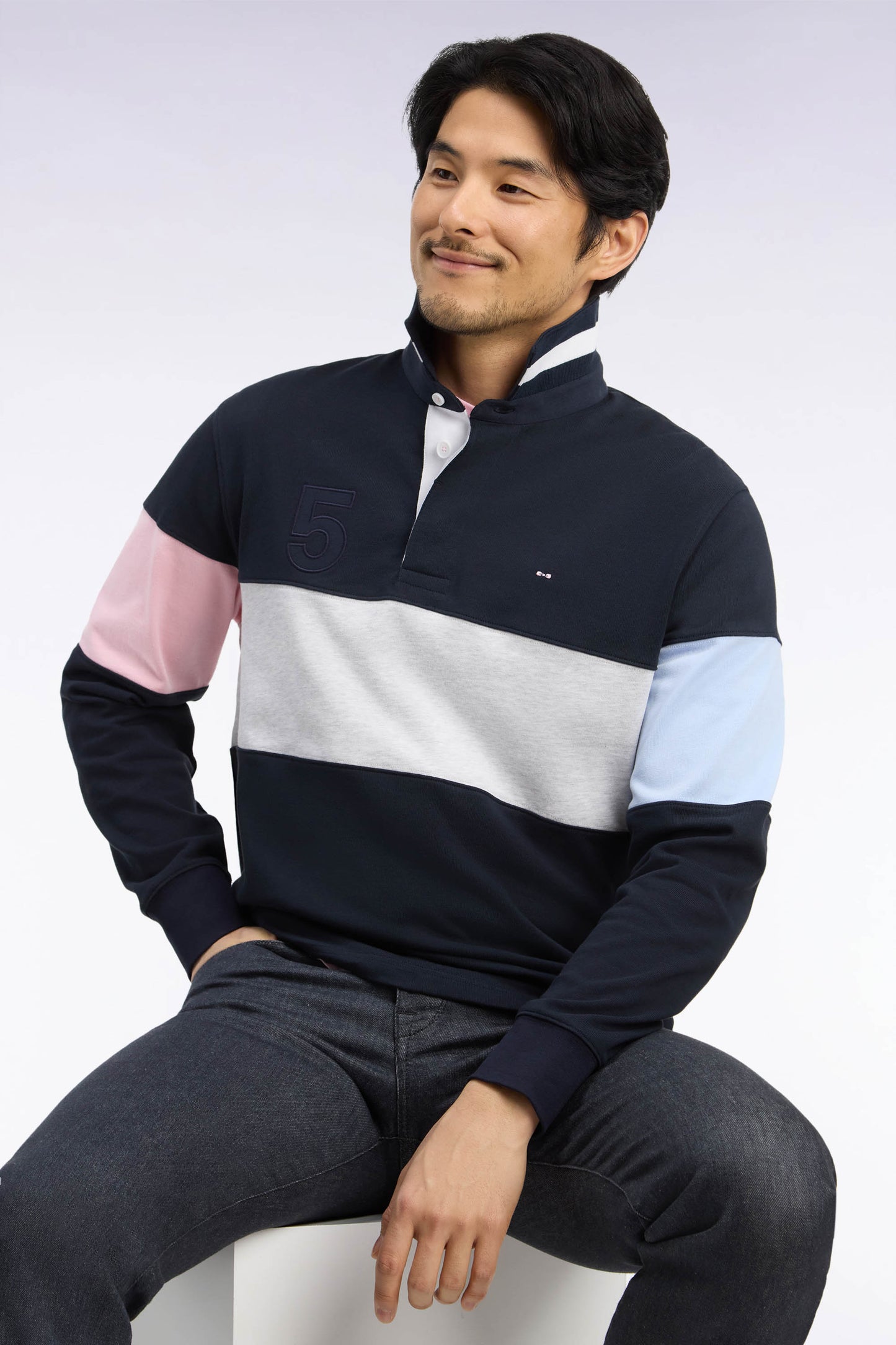 Maillot manches longues coupé cousu en jersey de coton marine broderie 5