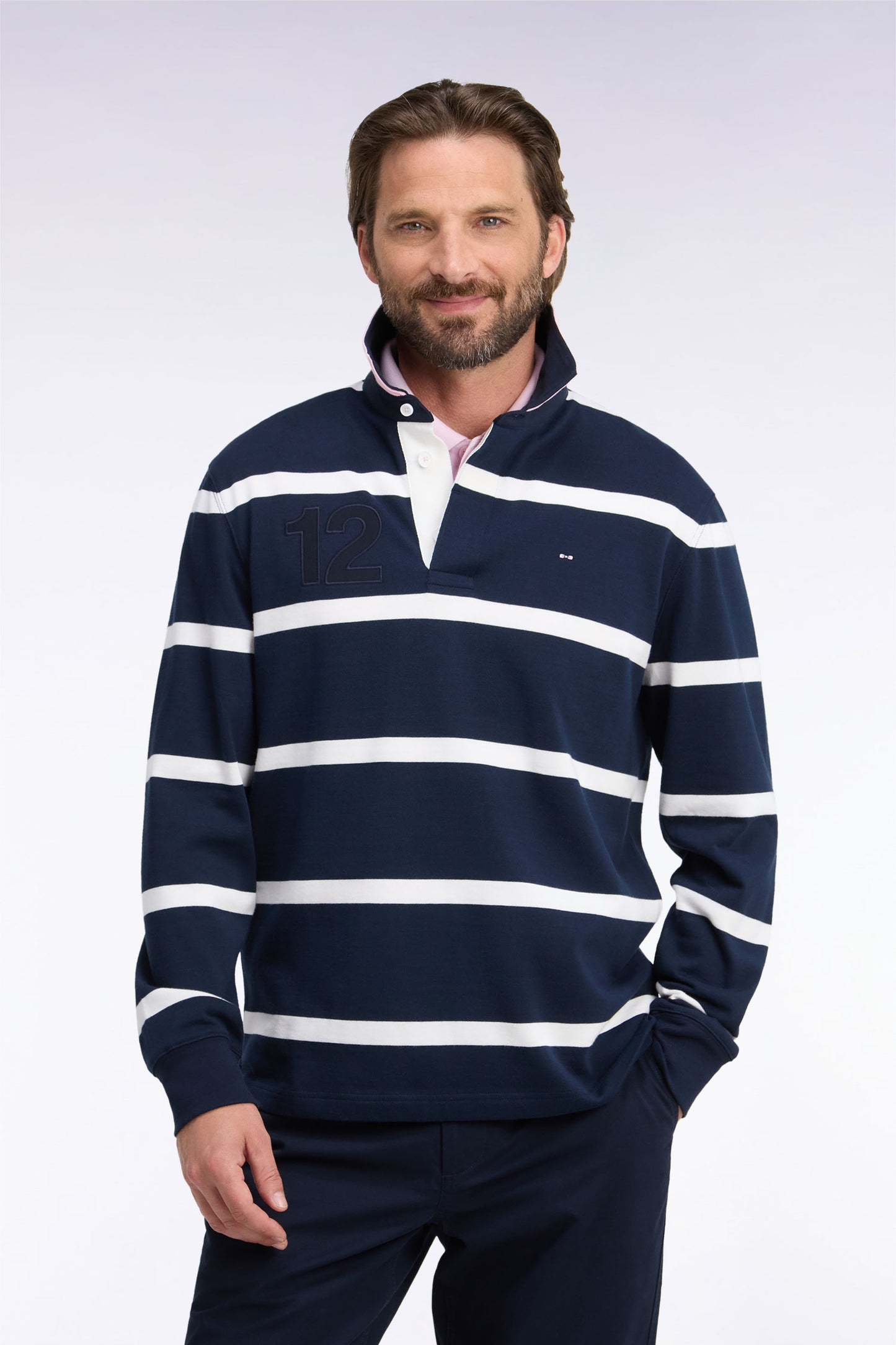 Maillot manches longues en jersey de coton marine rayé broderie dos