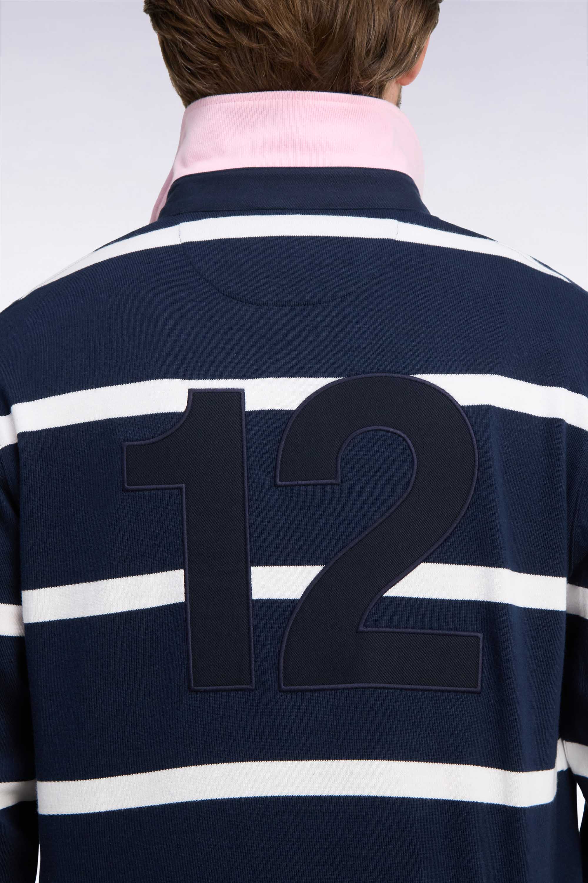 Maillot manches longues en jersey de coton marine rayé broderie dos