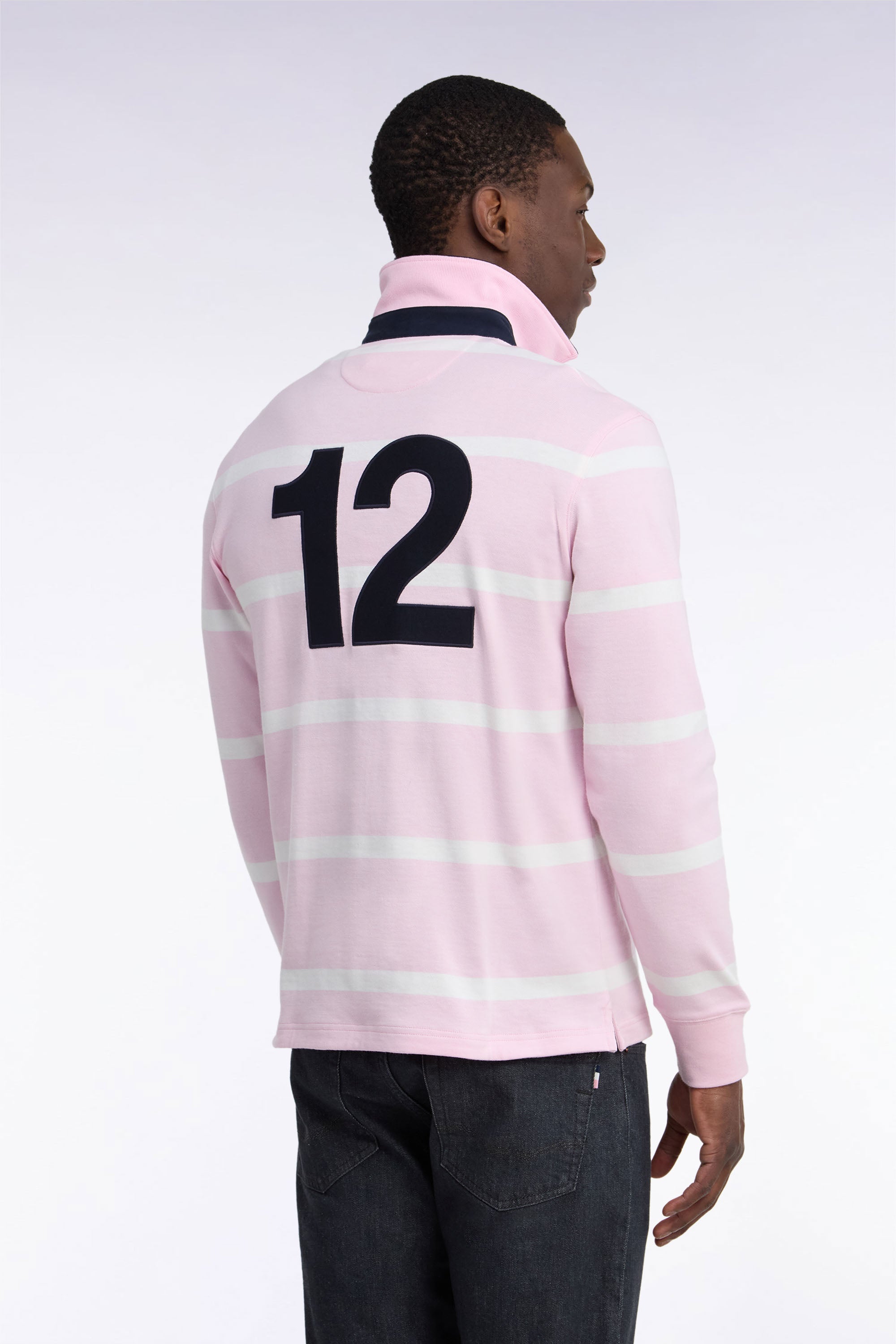 Maillot manches longues en jersey de coton rose rayé broderie dos