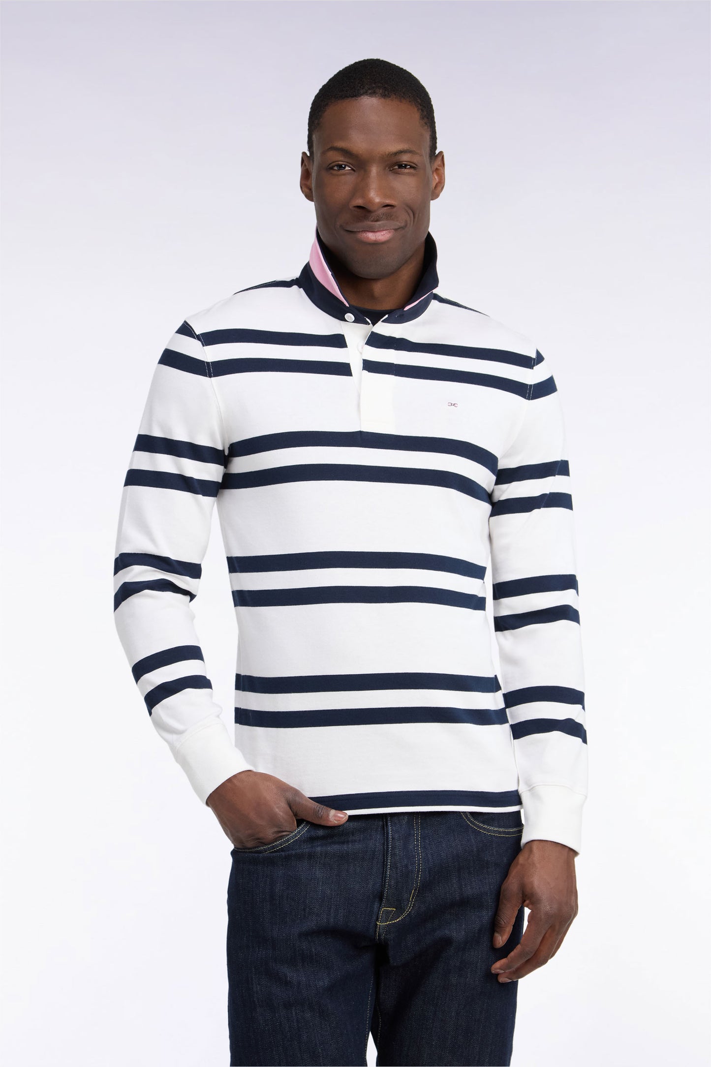 Maillot manches longues en jersey coton blanc à rayures marine coupe regular