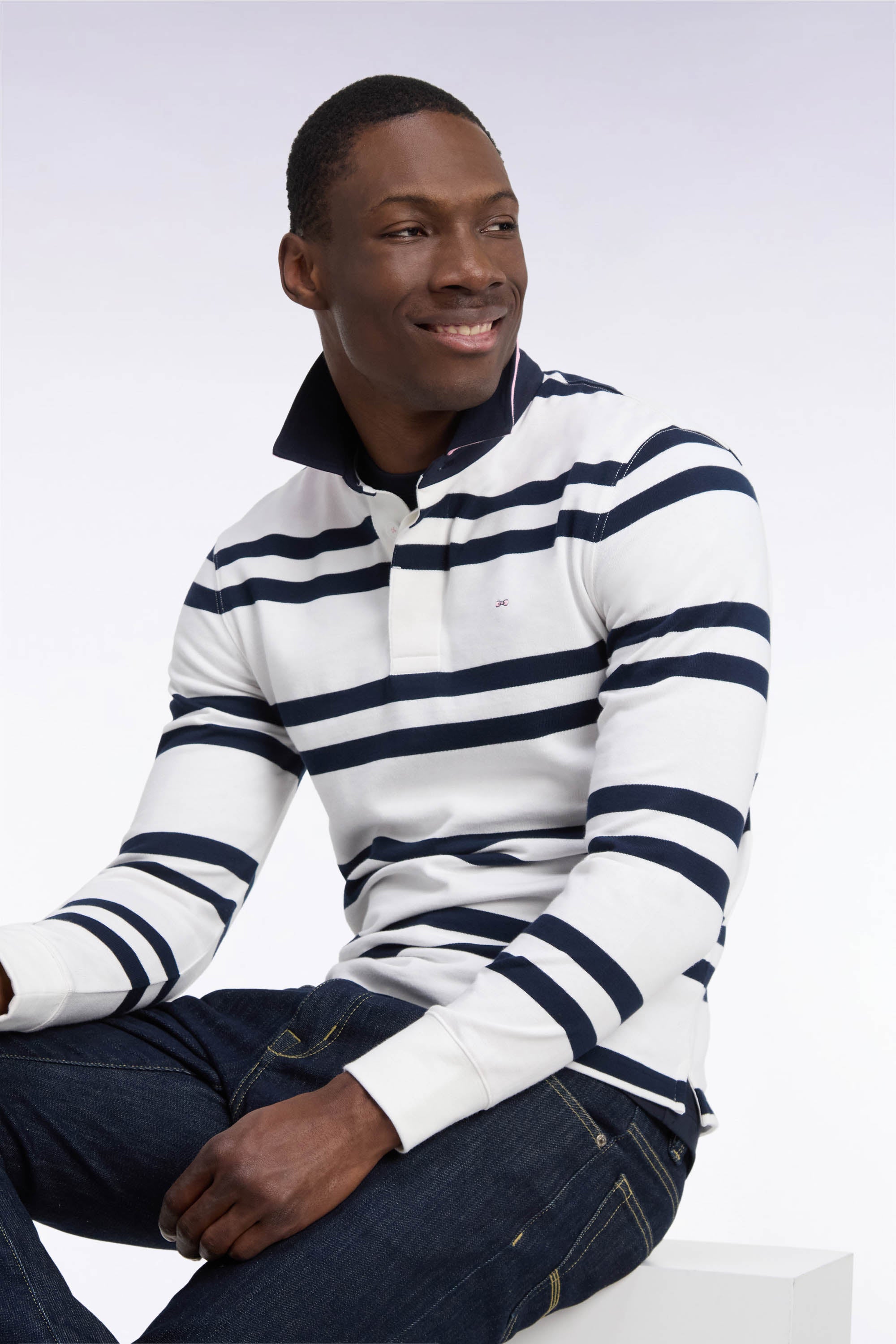 rugby shirt long sleeves in cotton jersey white striped navy Regular fit