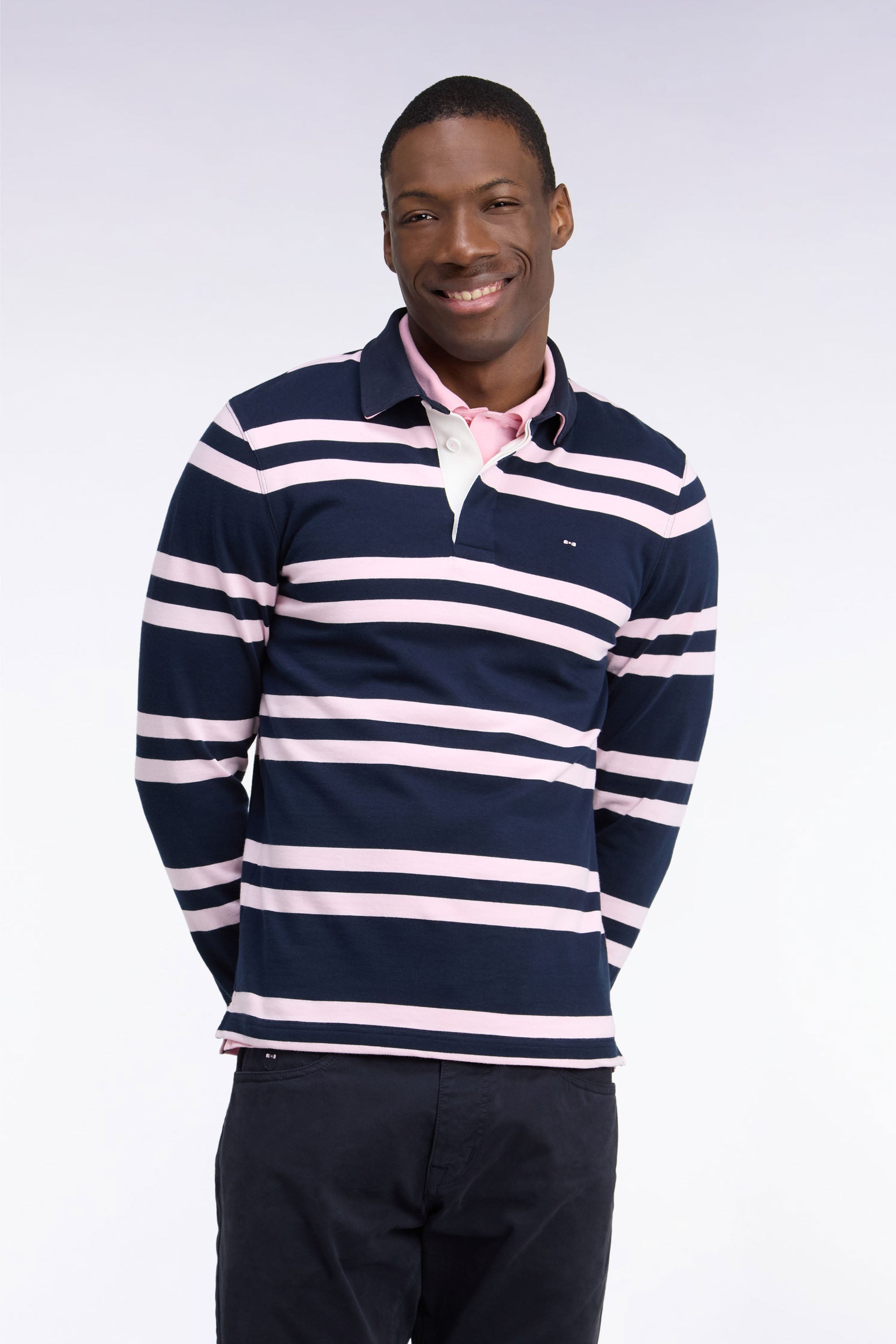 Maillot manches longues en jersey coton marine à rayures roses coupe regular