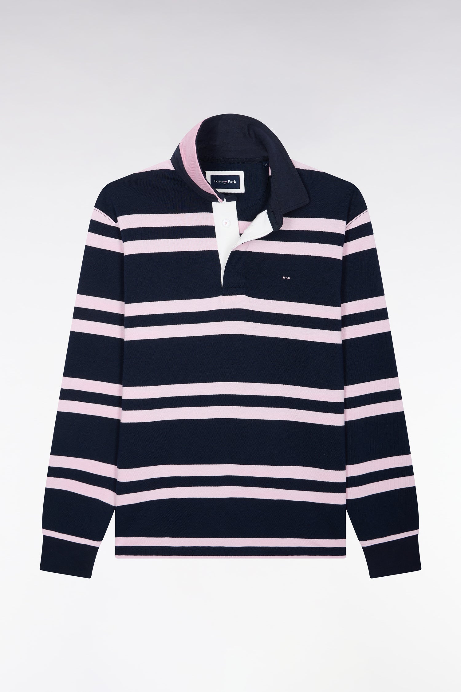 Maillot manches longues en jersey coton marine à rayures roses coupe regular