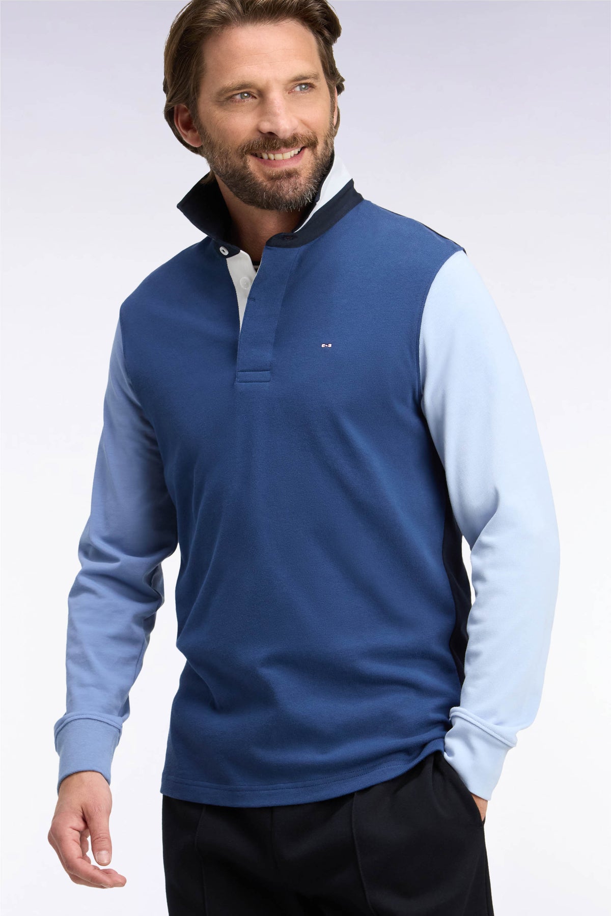 Maillot manches longues en jersey de coton marine tricolore brodé coupe droite