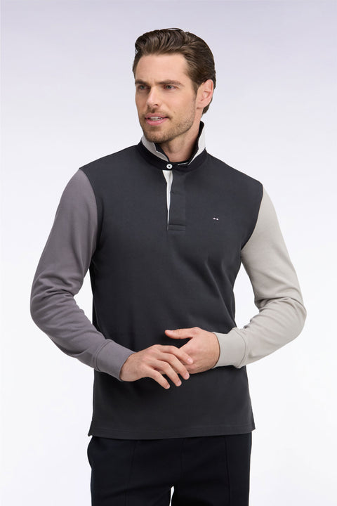 Maillot manches longues en jersey de coton gris foncé tricolore brodé coupe droite - Image 1