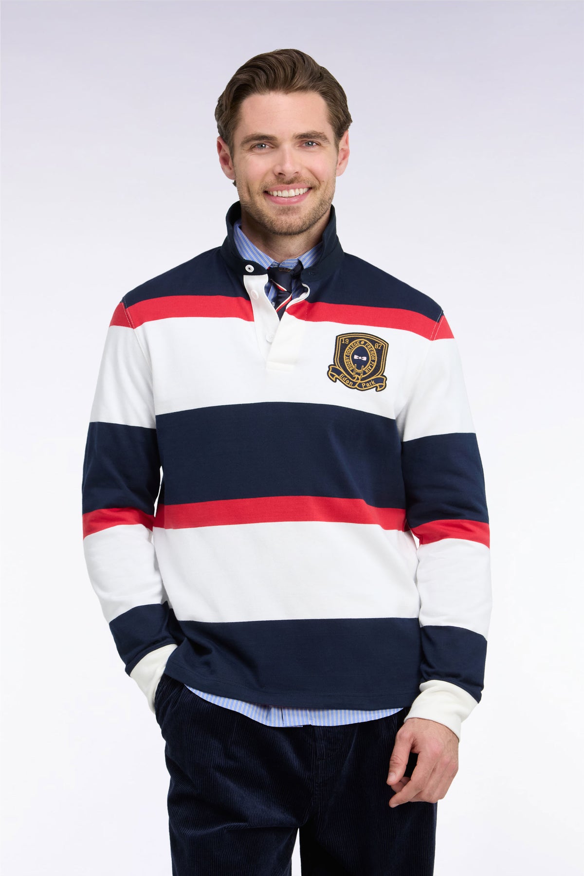 Maillot manches longues rayé marine avec broderie écusson