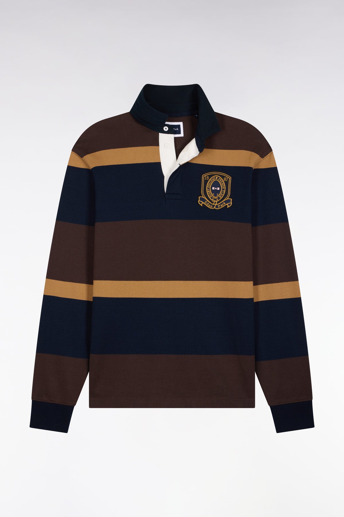 Maillot manches longues rayé marron avec broderie écusson