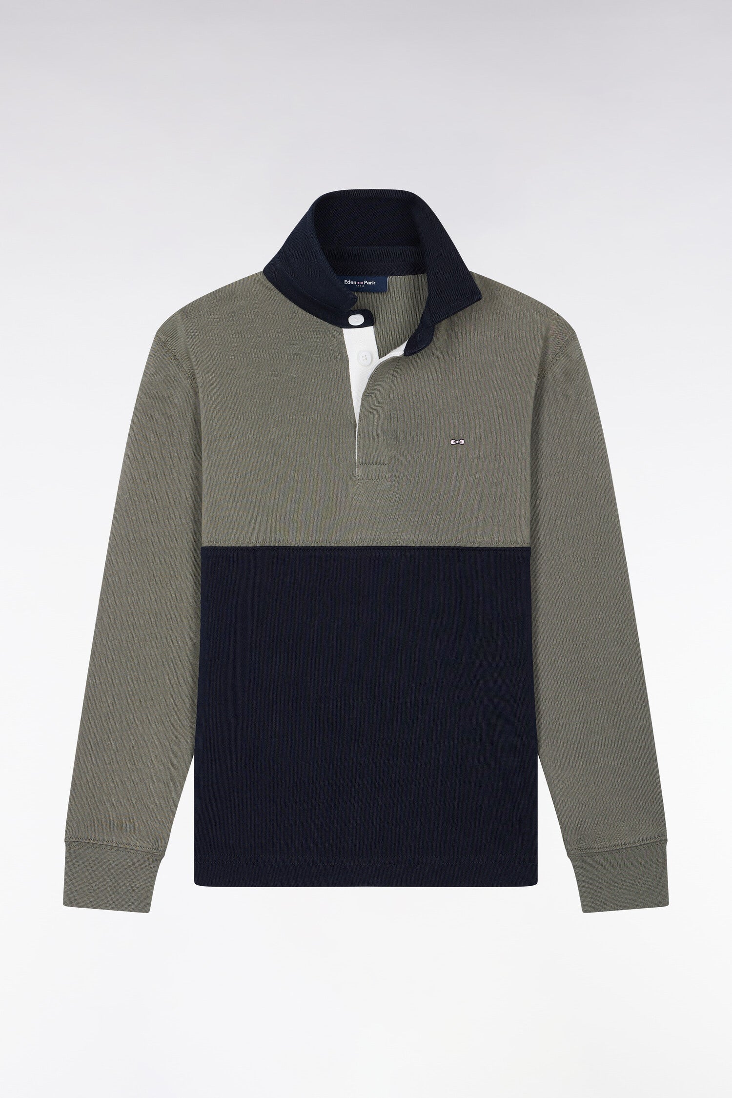Rugbyshirt lange Ärmel zweifarbig aus Baumwolle Khaki und Marineblau gerade Passform